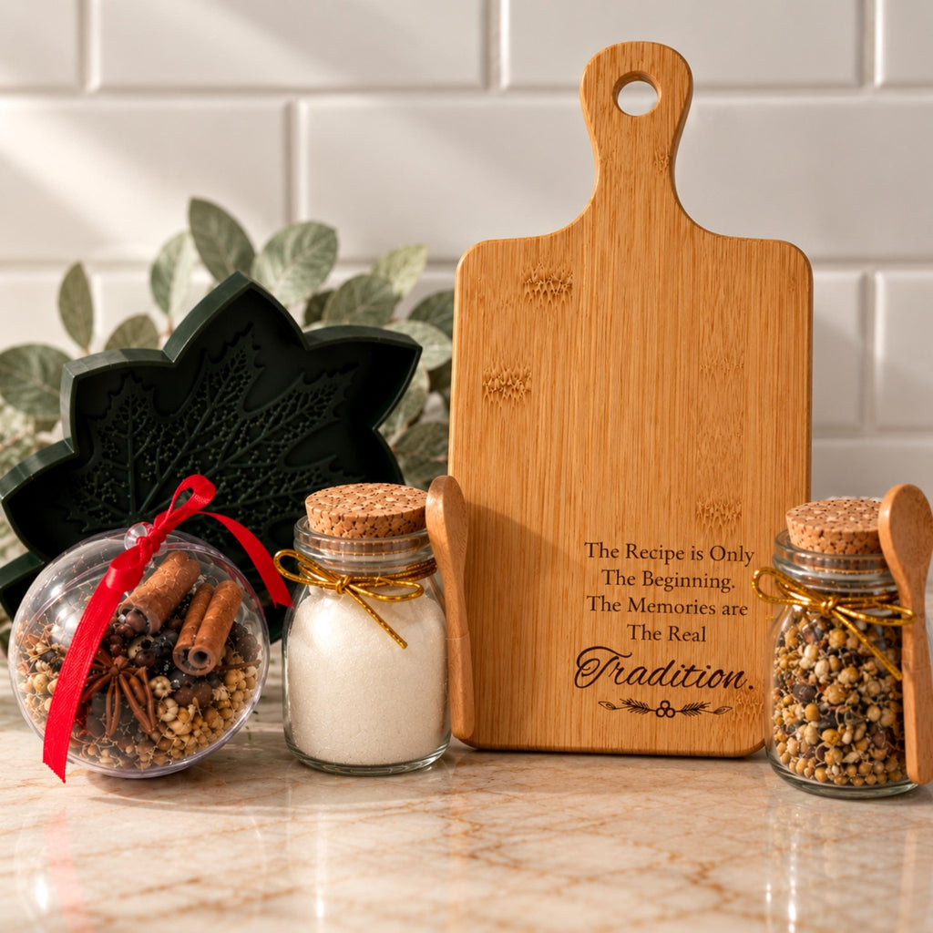 Cozy Kitchen Gift Set with Engraved Bread Board, Herbal Tea & Simmer Pot Ornament - Winterberry Hearth