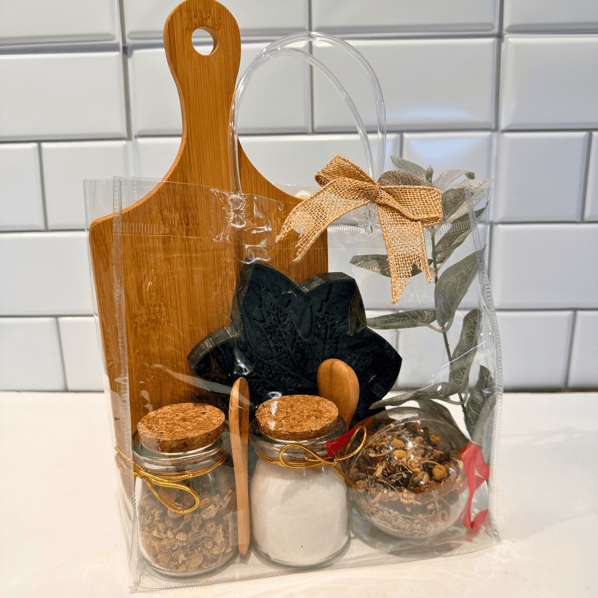 Cozy Kitchen Gift Set with Engraved Bread Board, Herbal Tea & Simmer Pot Ornament - Winterberry Hearth