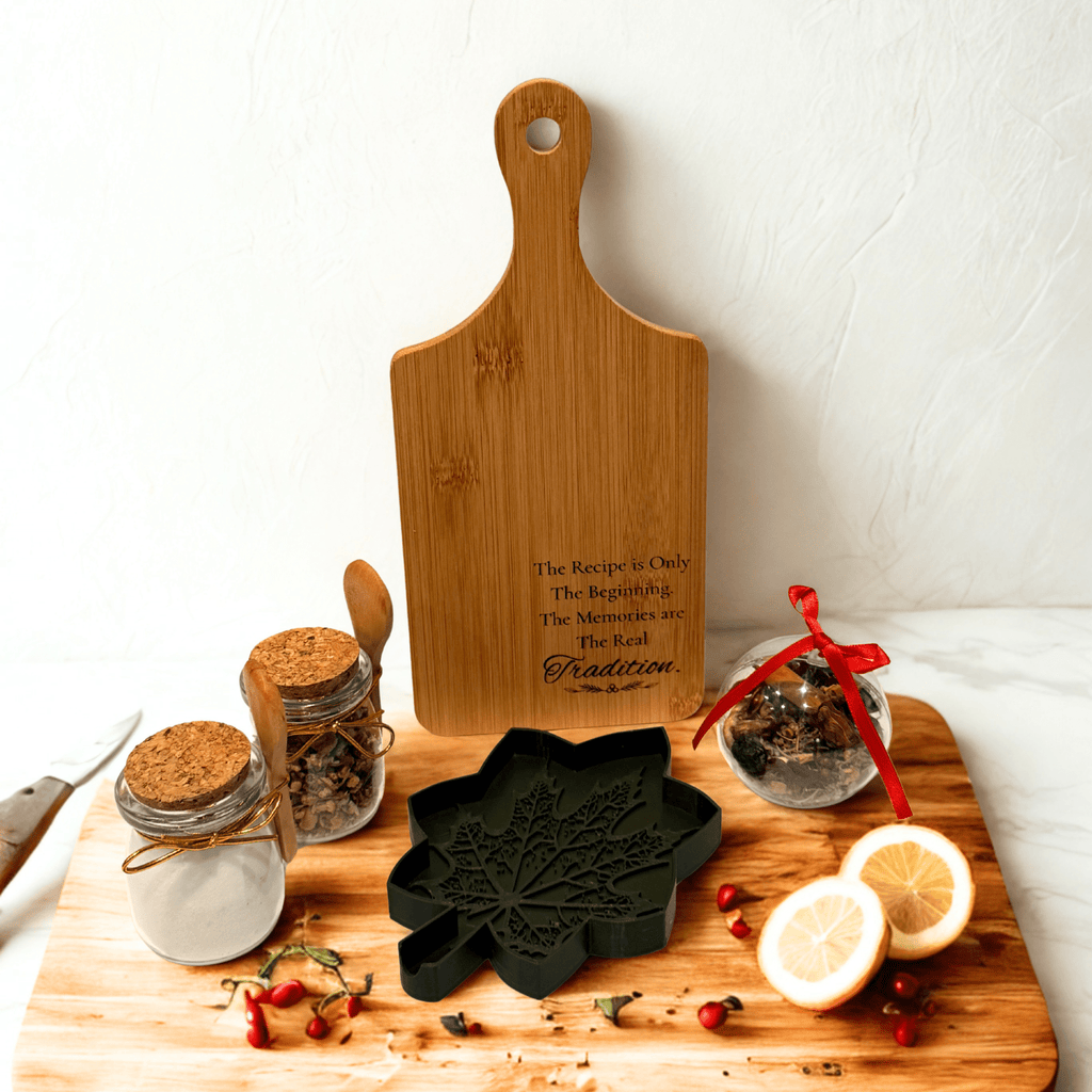 Cozy Kitchen Gift Set with Engraved Bread Board, Herbal Tea & Simmer Pot Ornament - Winterberry Hearth
