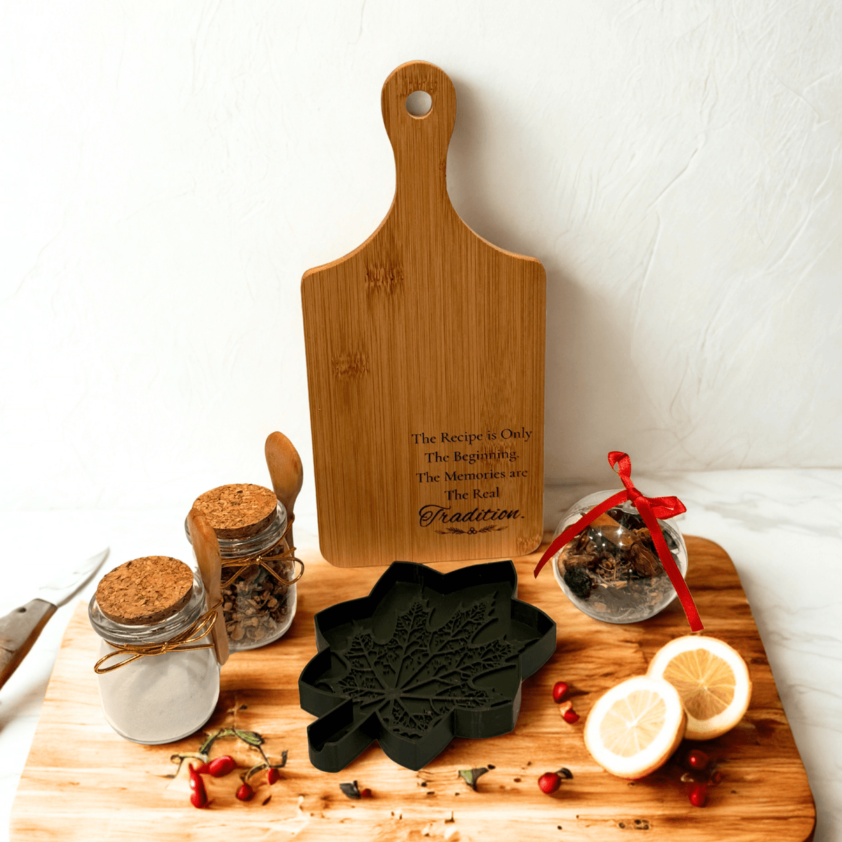 Cozy Kitchen Gift Set with Engraved Bread Board, Herbal Tea & Simmer Pot Ornament - Winterberry Hearth