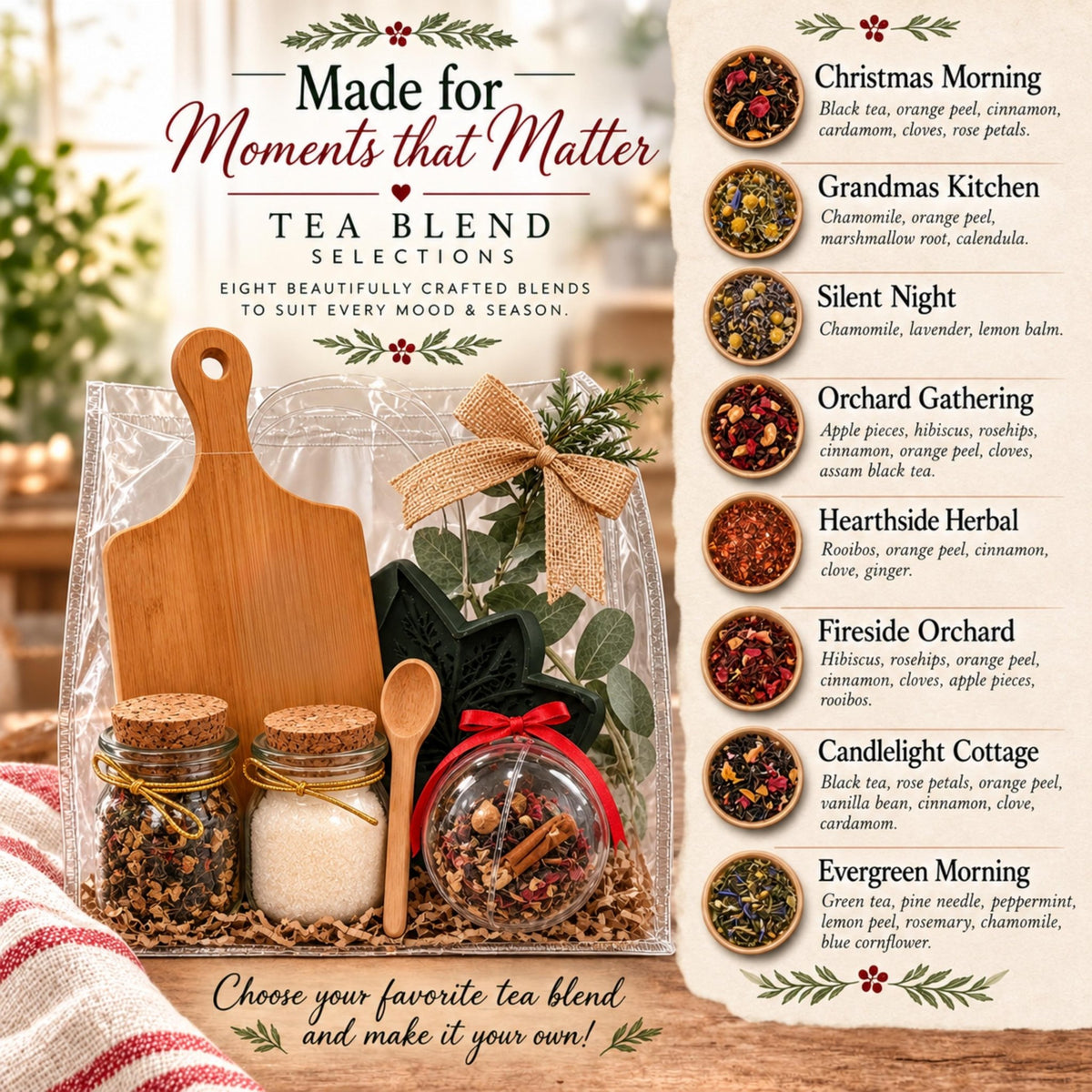 Cozy Kitchen Gift Set with Engraved Bread Board, Herbal Tea & Simmer Pot Ornament - Winterberry Hearth