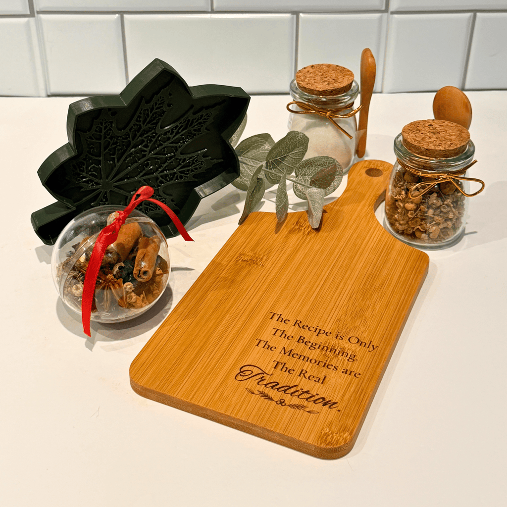 Cozy Kitchen Gift Set with Engraved Bread Board, Herbal Tea & Simmer Pot Ornament - Winterberry Hearth