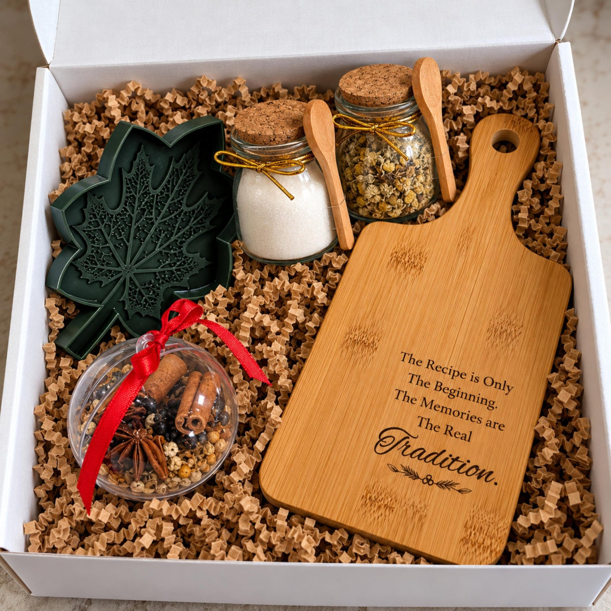 Cozy Kitchen Gift Set with Engraved Bread Board, Herbal Tea & Simmer Pot Ornament - Winterberry Hearth