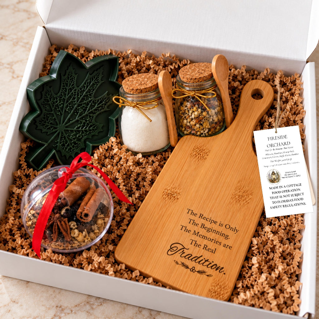 Cozy Kitchen Gift Set with Engraved Bread Board, Herbal Tea & Simmer Pot Ornament - Winterberry Hearth