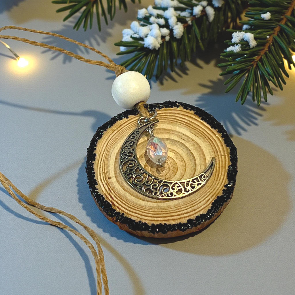 Crescent Moon Ornament, Celestial Gift, Light Catcher Wood Slice Decor - Winterberry Hearth