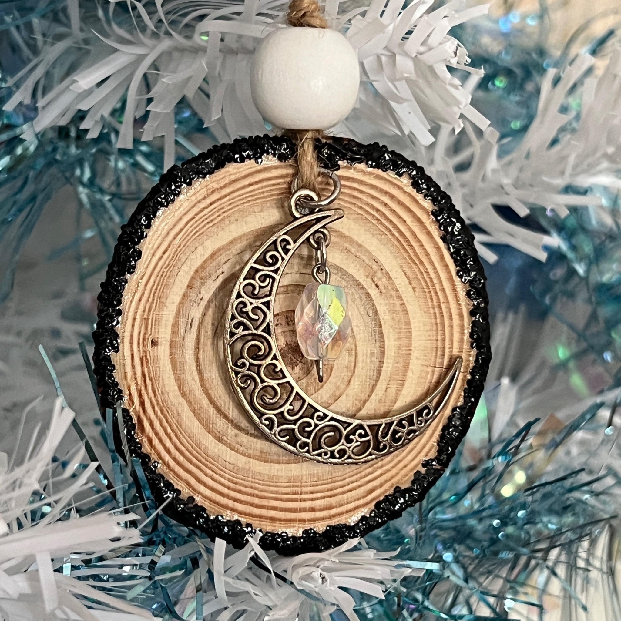 Crescent Moon Ornament, Celestial Gift, Light Catcher Wood Slice Decor - Winterberry Hearth