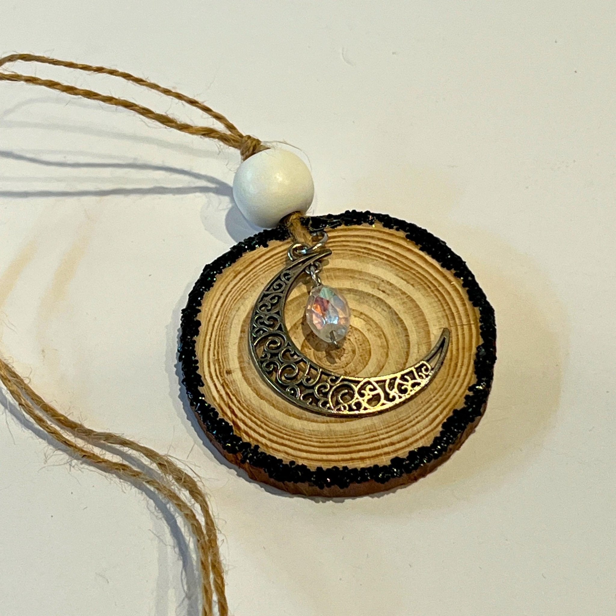 Crescent Moon Ornament, Celestial Gift, Light Catcher Wood Slice Decor - Winterberry Hearth