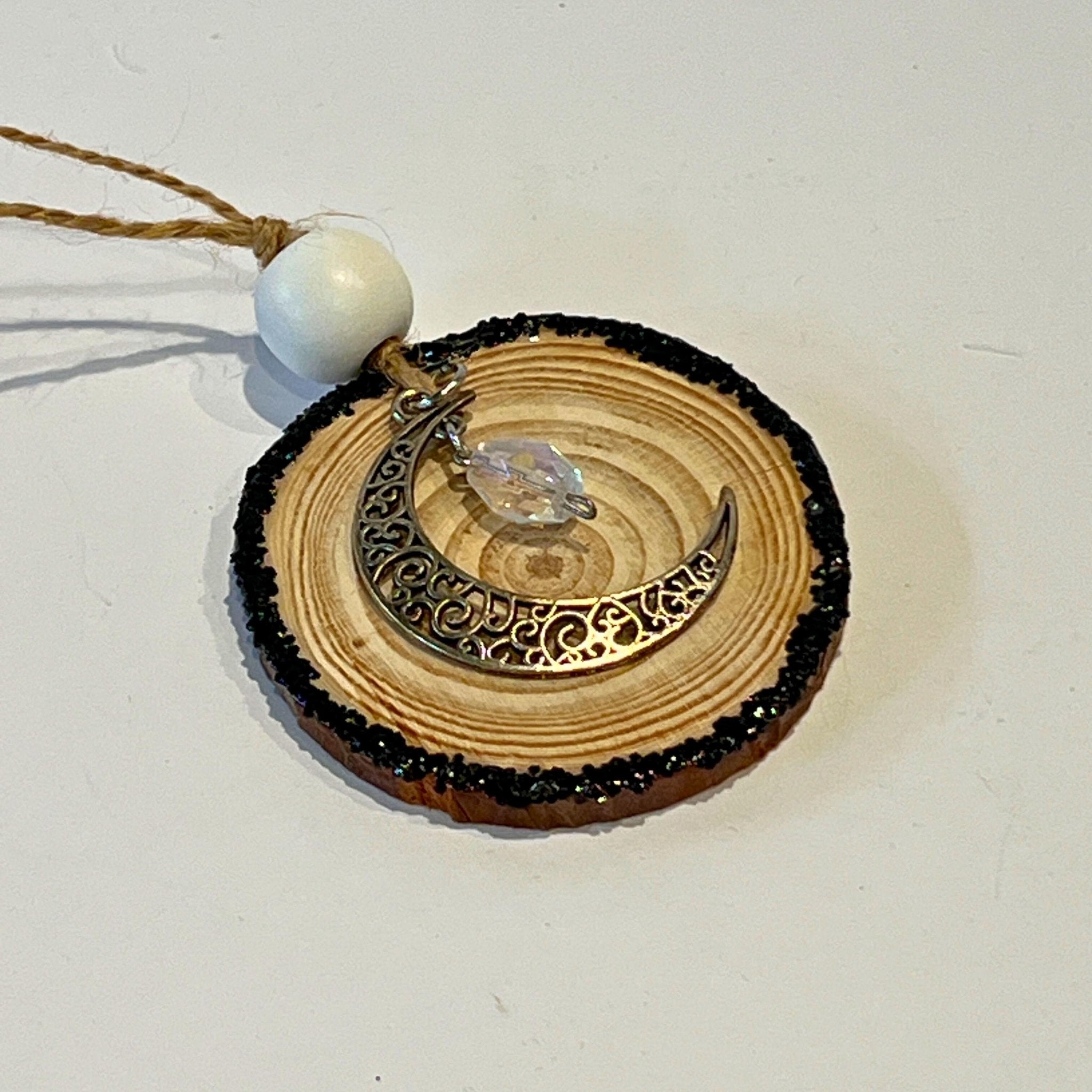 Crescent Moon Ornament, Celestial Gift, Light Catcher Wood Slice Decor - Winterberry Hearth