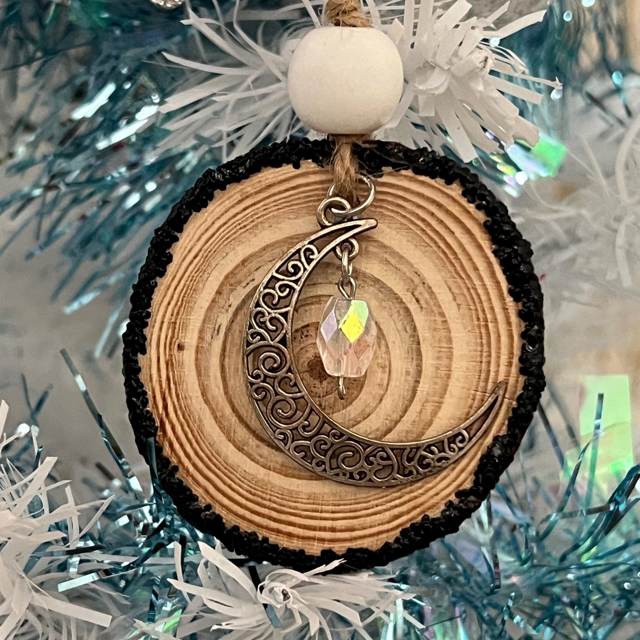 Crescent Moon Ornament, Celestial Gift, Light Catcher Wood Slice Decor - Winterberry Hearth