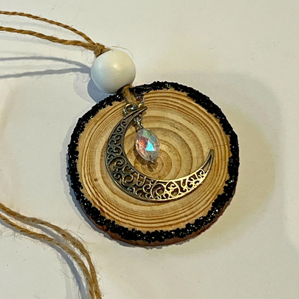 Crescent Moon Ornament, Celestial Gift, Light Catcher Wood Slice Decor - Winterberry Hearth