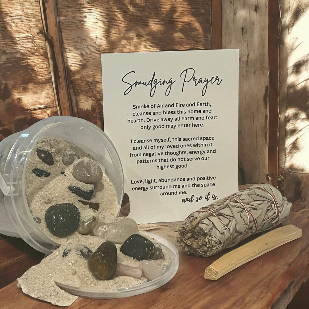 Crystal Mining Bucket: Sage & Palo Santo Smudging Kit with Prayer Card - Winterberry Hearth