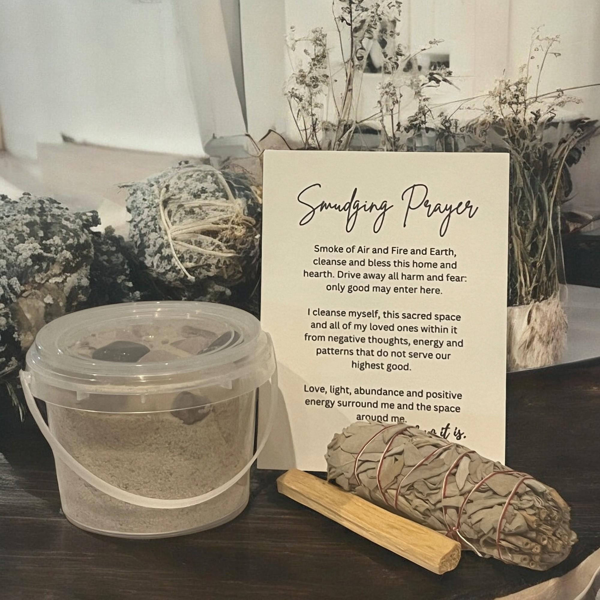 Crystal Mining Bucket: Sage & Palo Santo Smudging Kit with Prayer Card - Winterberry Hearth