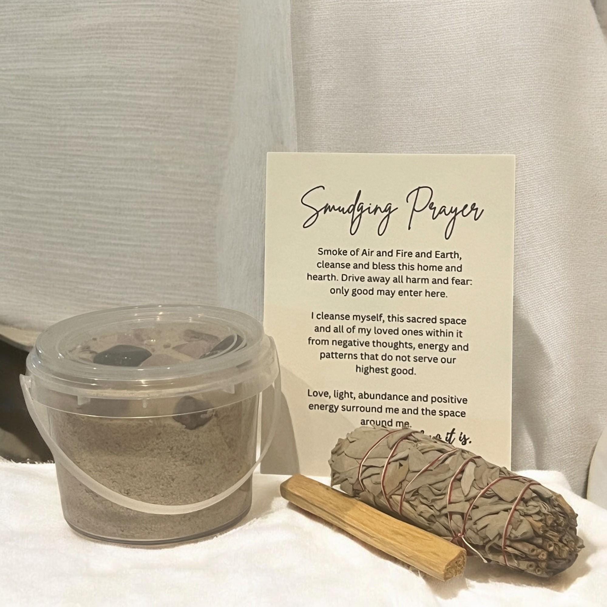 Crystal Mining Bucket: Sage & Palo Santo Smudging Kit with Prayer Card - Winterberry Hearth