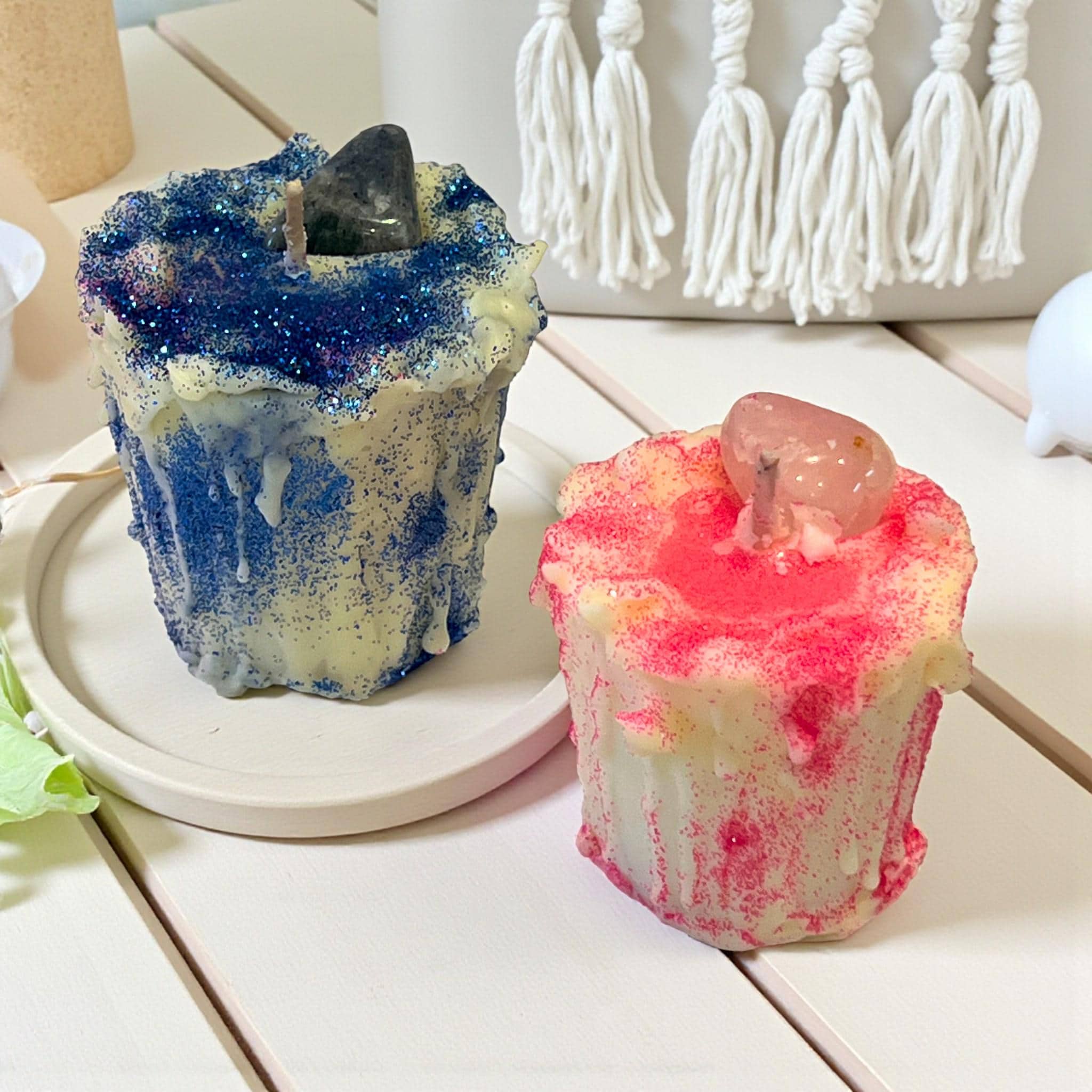 Crystal Soy Drip Candle with Glitter: Choose from Rose Quartz, Moonstone or Sodalite - Winterberry Hearth