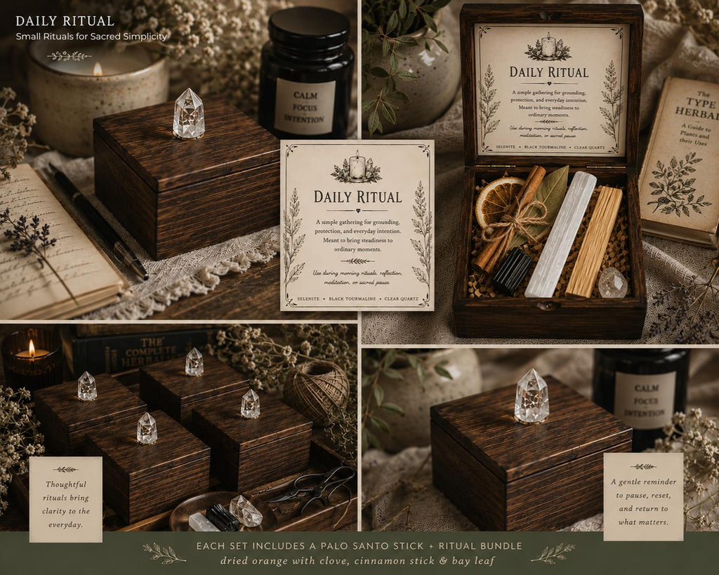 Daily Ritual Crystal Set, Cottage Kitchen Decor, Mindful Living Wooden Keepsake Box - Winterberry Hearth