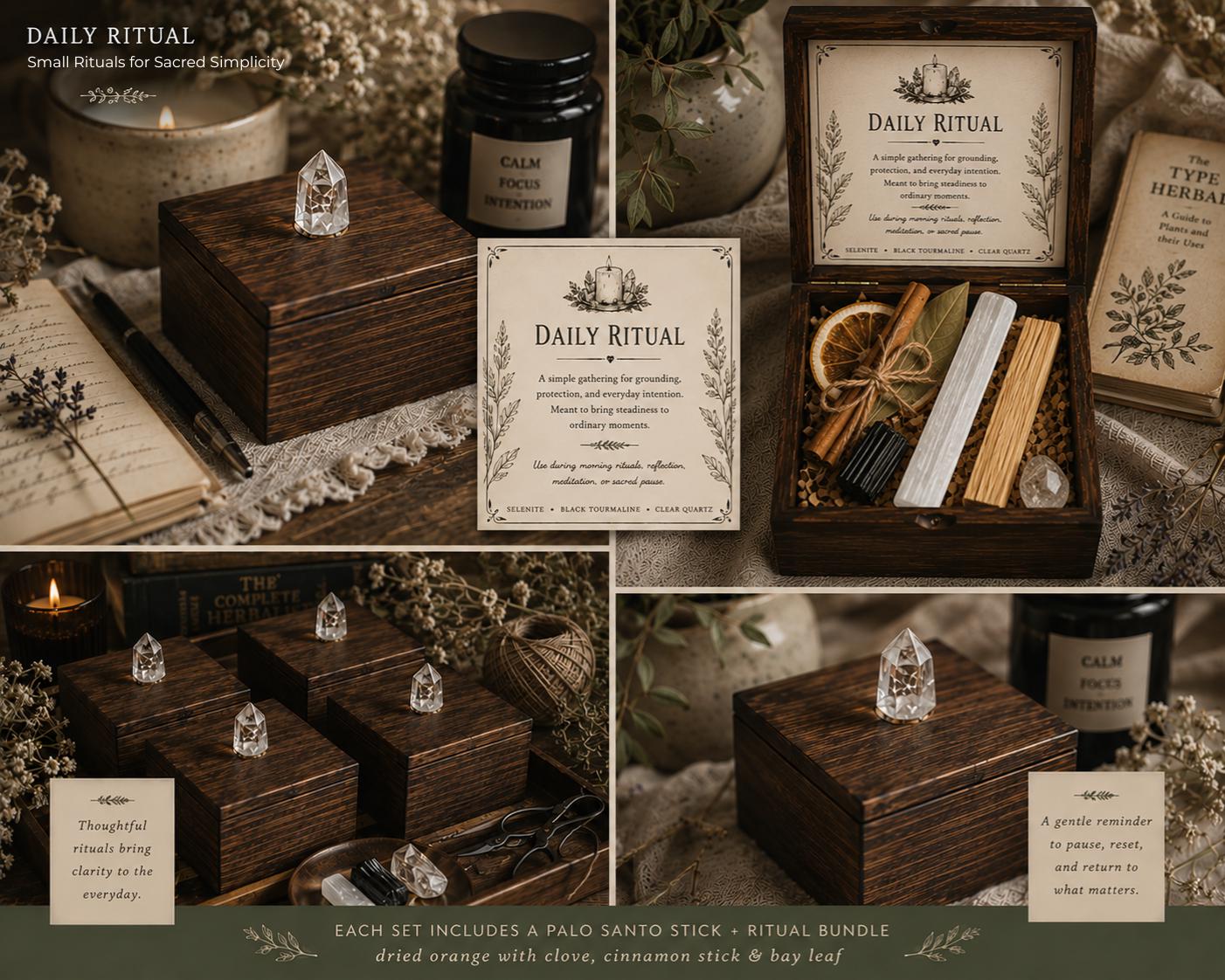 Daily Ritual Crystal Set, Cottage Kitchen Decor, Mindful Living Wooden Keepsake Box - Winterberry Hearth