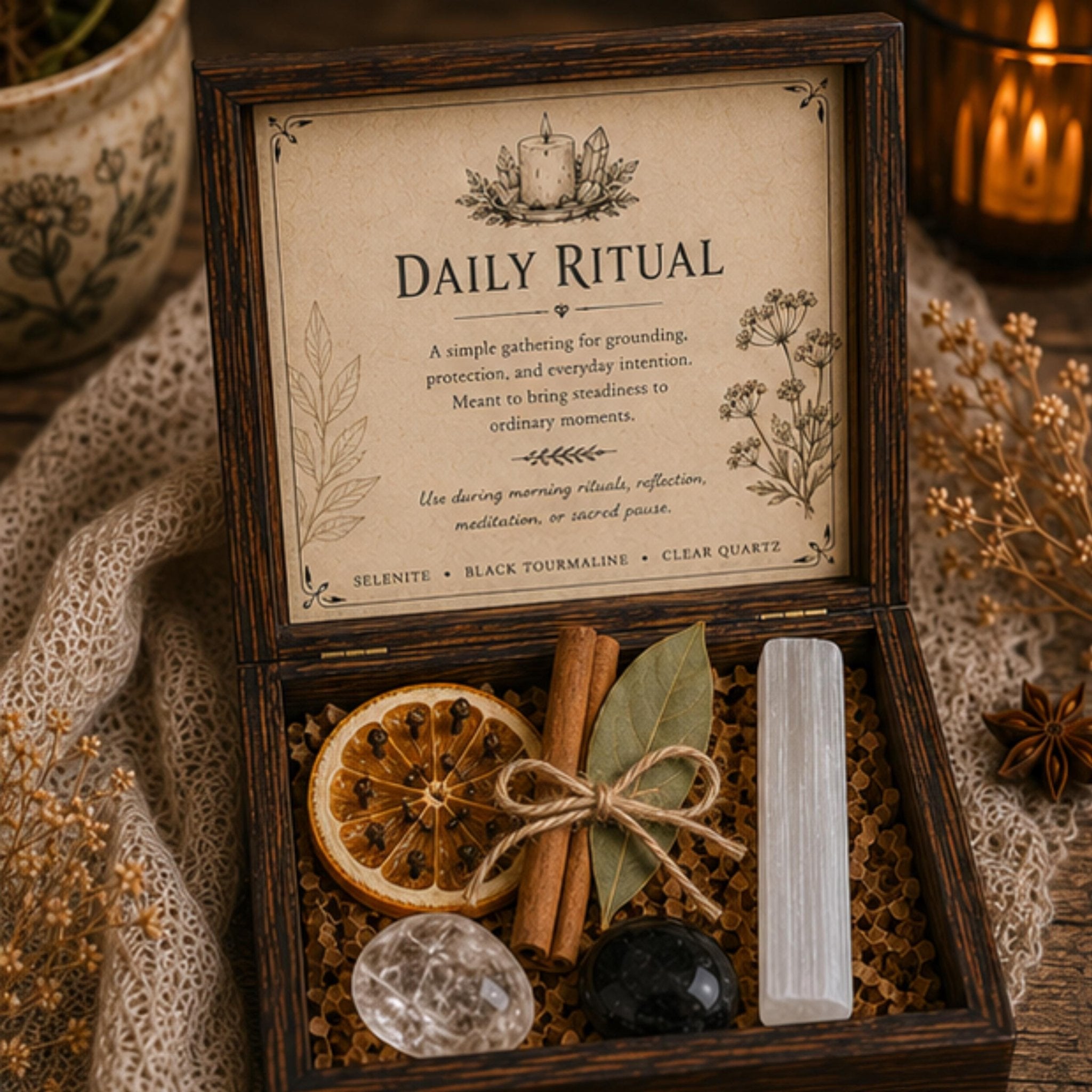Daily Ritual Crystal Set, Cottage Kitchen Decor, Mindful Living Wooden Keepsake Box - Winterberry Hearth