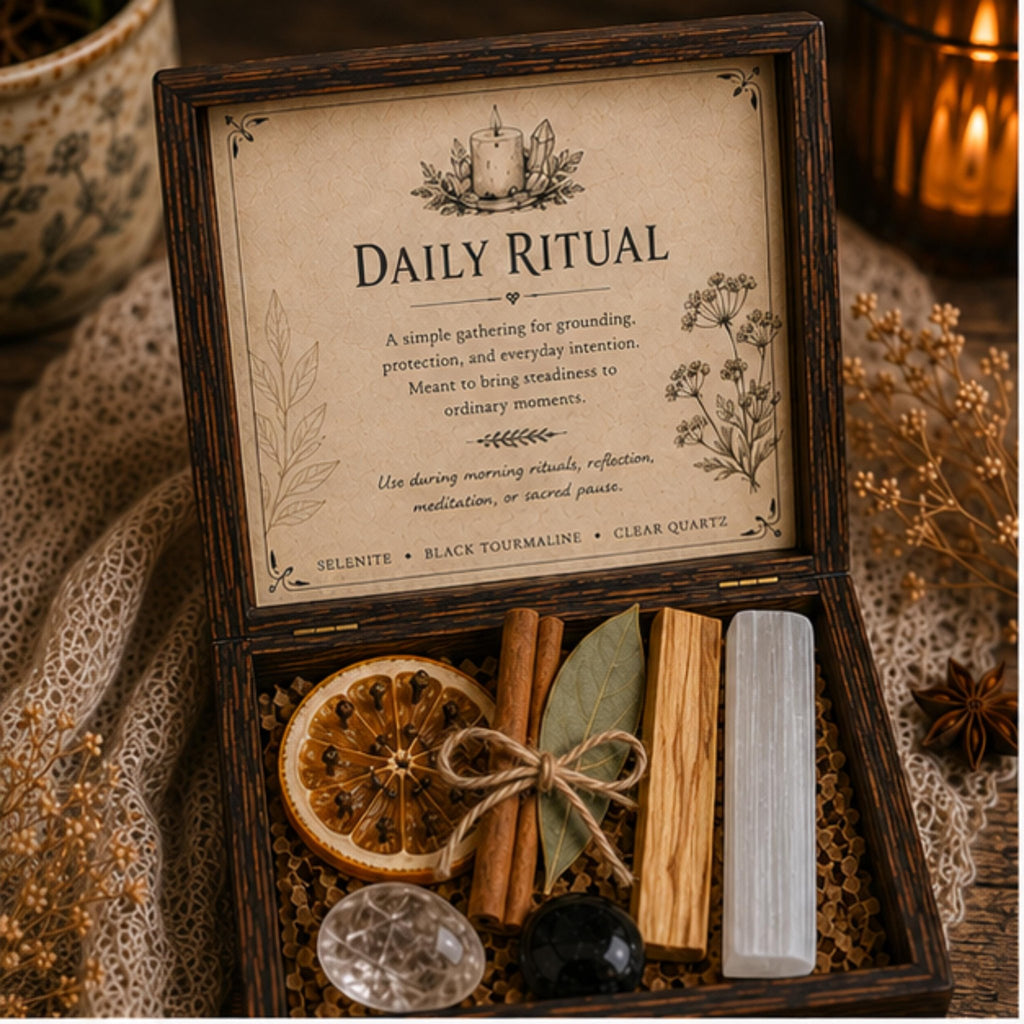 Daily Ritual Crystal Set, Cottage Kitchen Decor, Mindful Living Wooden Keepsake Box - Winterberry Hearth