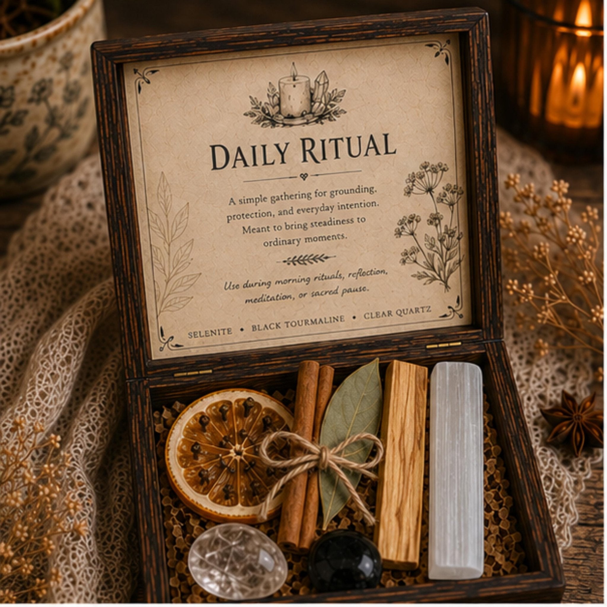 Daily Ritual Crystal Set, Cottage Kitchen Decor, Mindful Living Wooden Keepsake Box - Winterberry Hearth