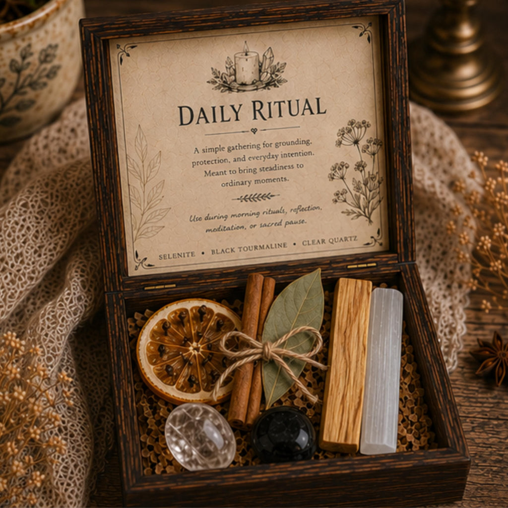 Daily Ritual Crystal Set, Cottage Kitchen Decor, Mindful Living Wooden Keepsake Box - Winterberry Hearth