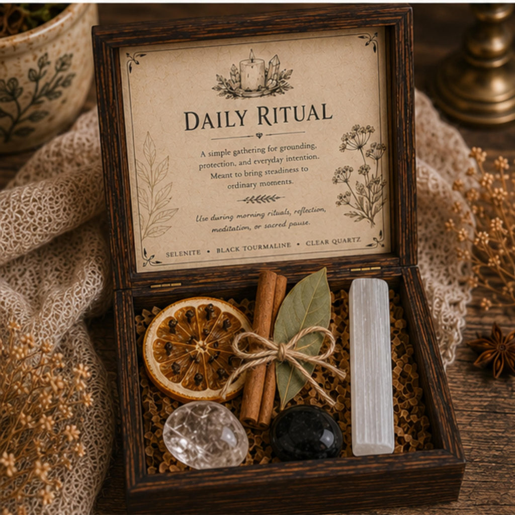 Daily Ritual Crystal Set, Cottage Kitchen Decor, Mindful Living Wooden Keepsake Box - Winterberry Hearth