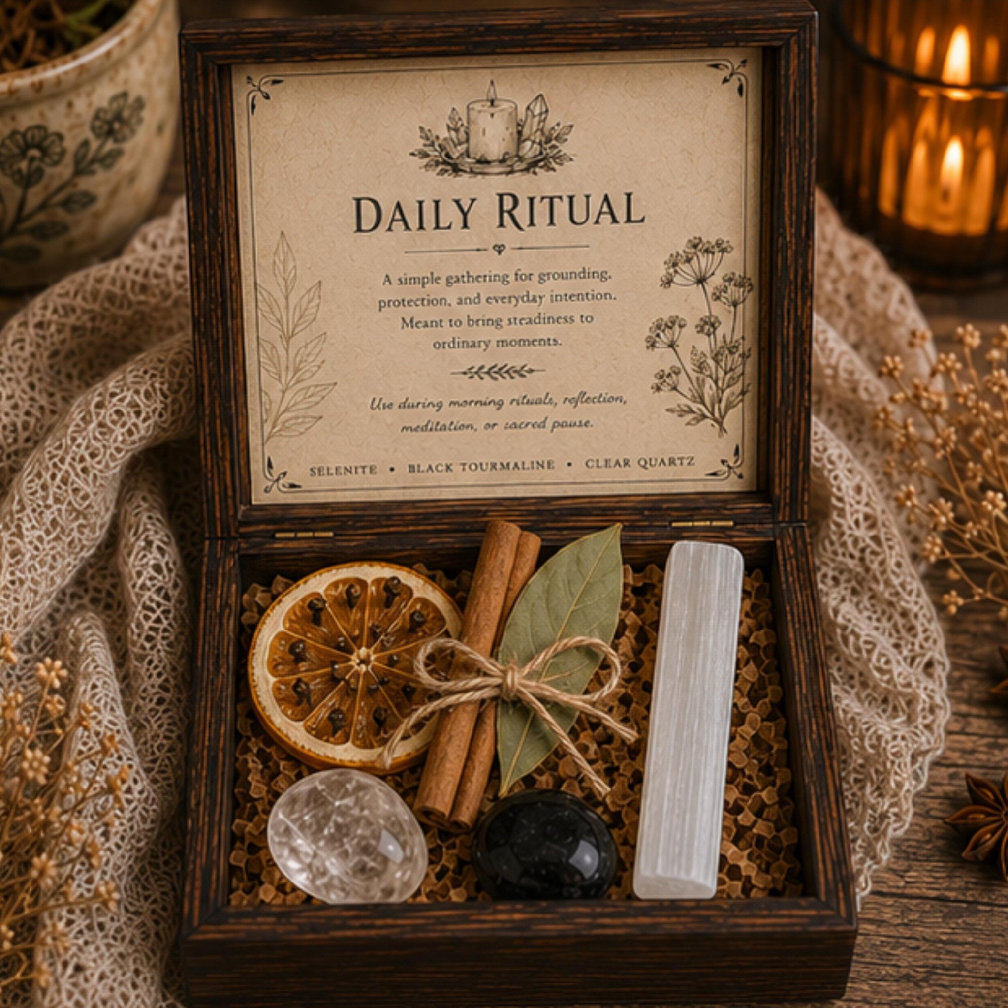 Daily Ritual Crystal Set, Cottage Kitchen Decor, Mindful Living Wooden Keepsake Box - Winterberry Hearth
