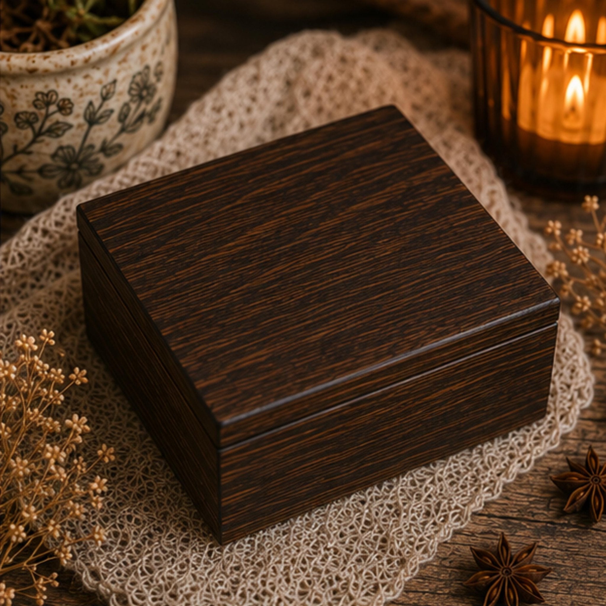 Daily Ritual Crystal Set, Cottage Kitchen Decor, Mindful Living Wooden Keepsake Box - Winterberry Hearth