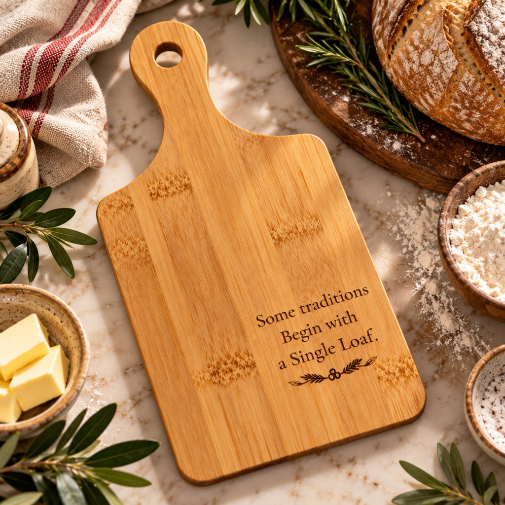Engraved Bamboo Bread Board with Handle, Rustic Loaf Serving Tray, Wood Cheese Board - Winterberry Hearth
