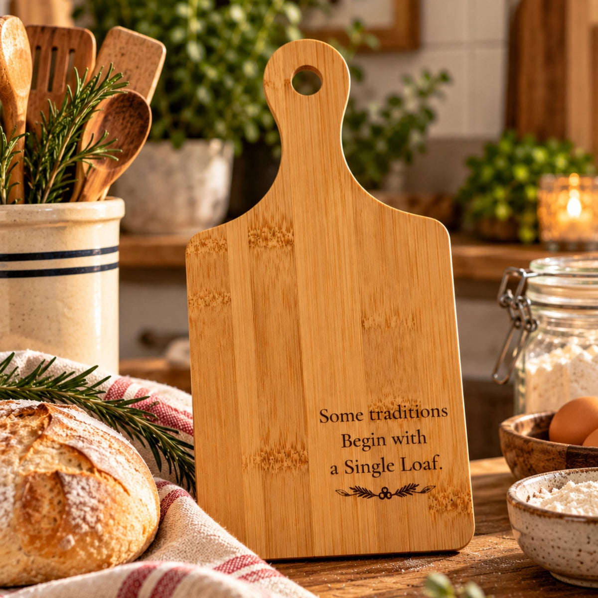 Engraved Bamboo Bread Board with Handle, Rustic Loaf Serving Tray, Wood Cheese Board - Winterberry Hearth