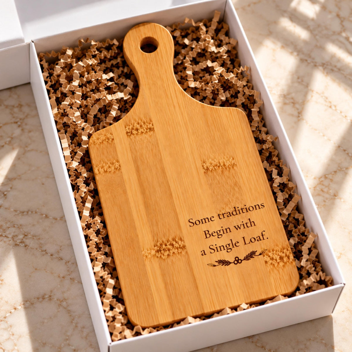 Engraved Bamboo Bread Board with Handle, Rustic Loaf Serving Tray, Wood Cheese Board - Winterberry Hearth