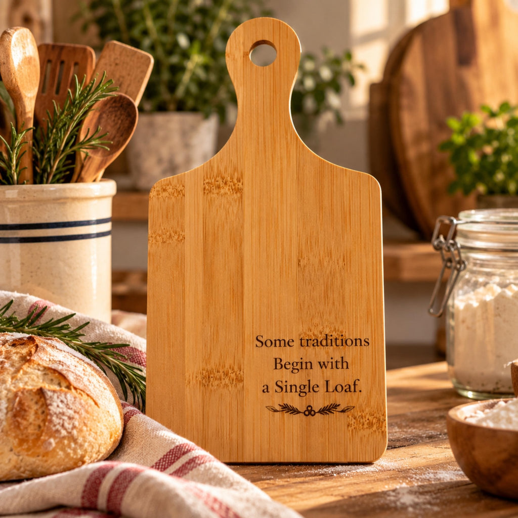 Engraved Bamboo Bread Board with Handle, Rustic Loaf Serving Tray, Wood Cheese Board - Winterberry Hearth