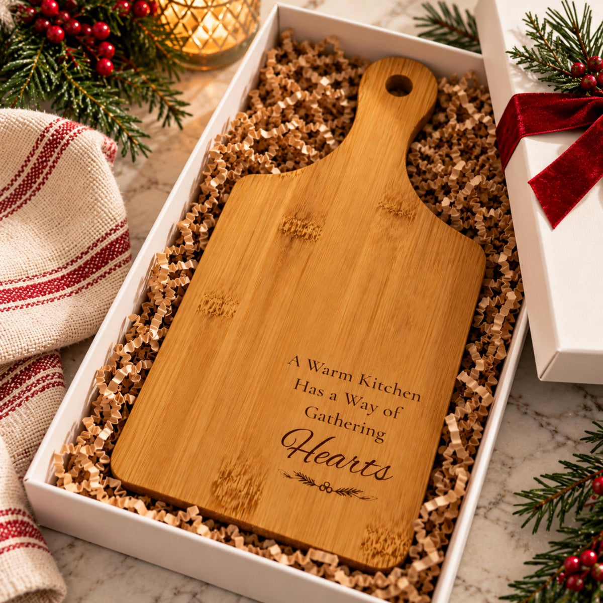 Engraved Bamboo Cutting Board with Handle, Cozy Kitchen Gift, Wooden Farmhouse Serving Tray - Winterberry Hearth