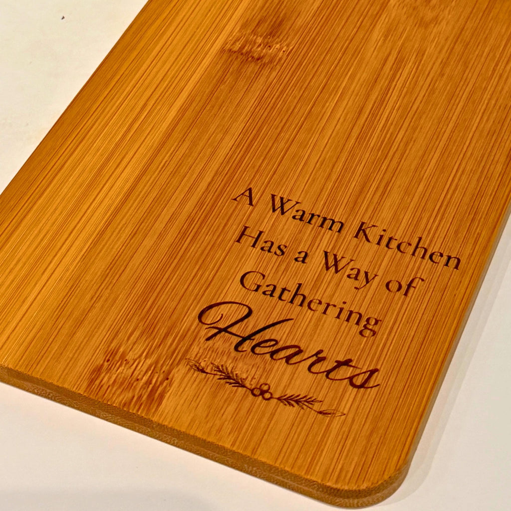 Engraved Bamboo Cutting Board with Handle, Cozy Kitchen Gift, Wooden Farmhouse Serving Tray - Winterberry Hearth