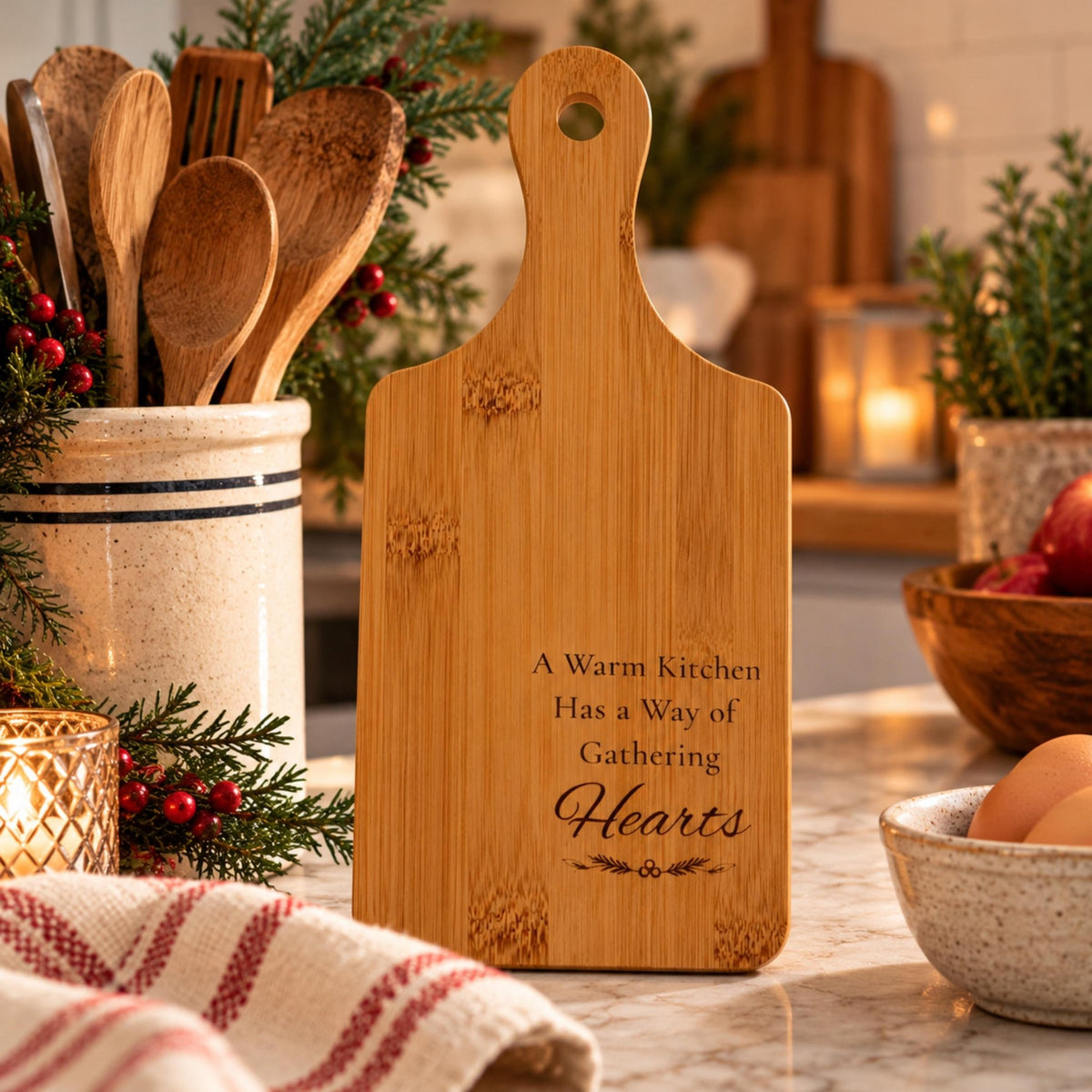 Engraved Bamboo Cutting Board with Handle, Cozy Kitchen Gift, Wooden Farmhouse Serving Tray - Winterberry Hearth