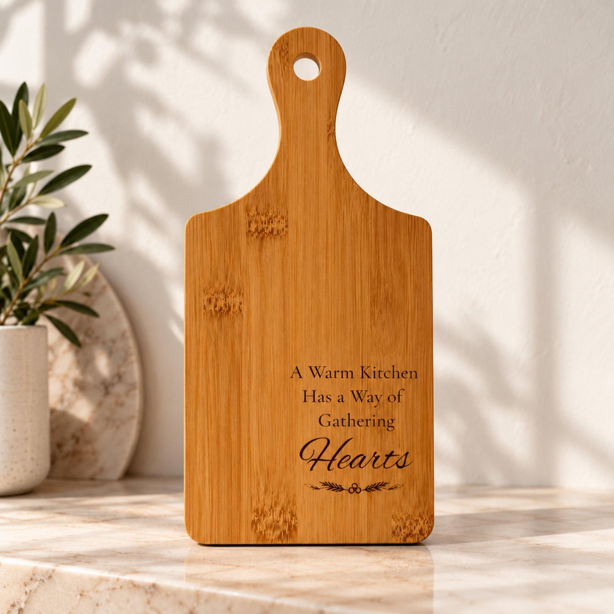 Engraved Bamboo Cutting Board with Handle, Cozy Kitchen Gift, Wooden Farmhouse Serving Tray - Winterberry Hearth