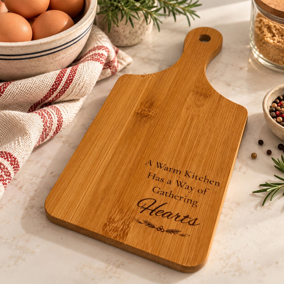 Engraved Bamboo Cutting Board with Handle, Cozy Kitchen Gift, Wooden Farmhouse Serving Tray - Winterberry Hearth