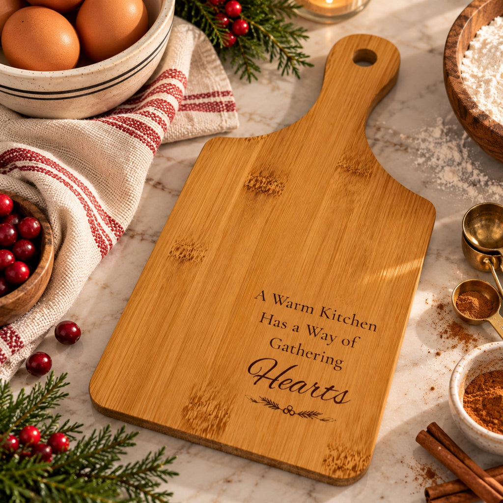 Engraved Bamboo Cutting Board with Handle, Cozy Kitchen Gift, Wooden Farmhouse Serving Tray - Winterberry Hearth
