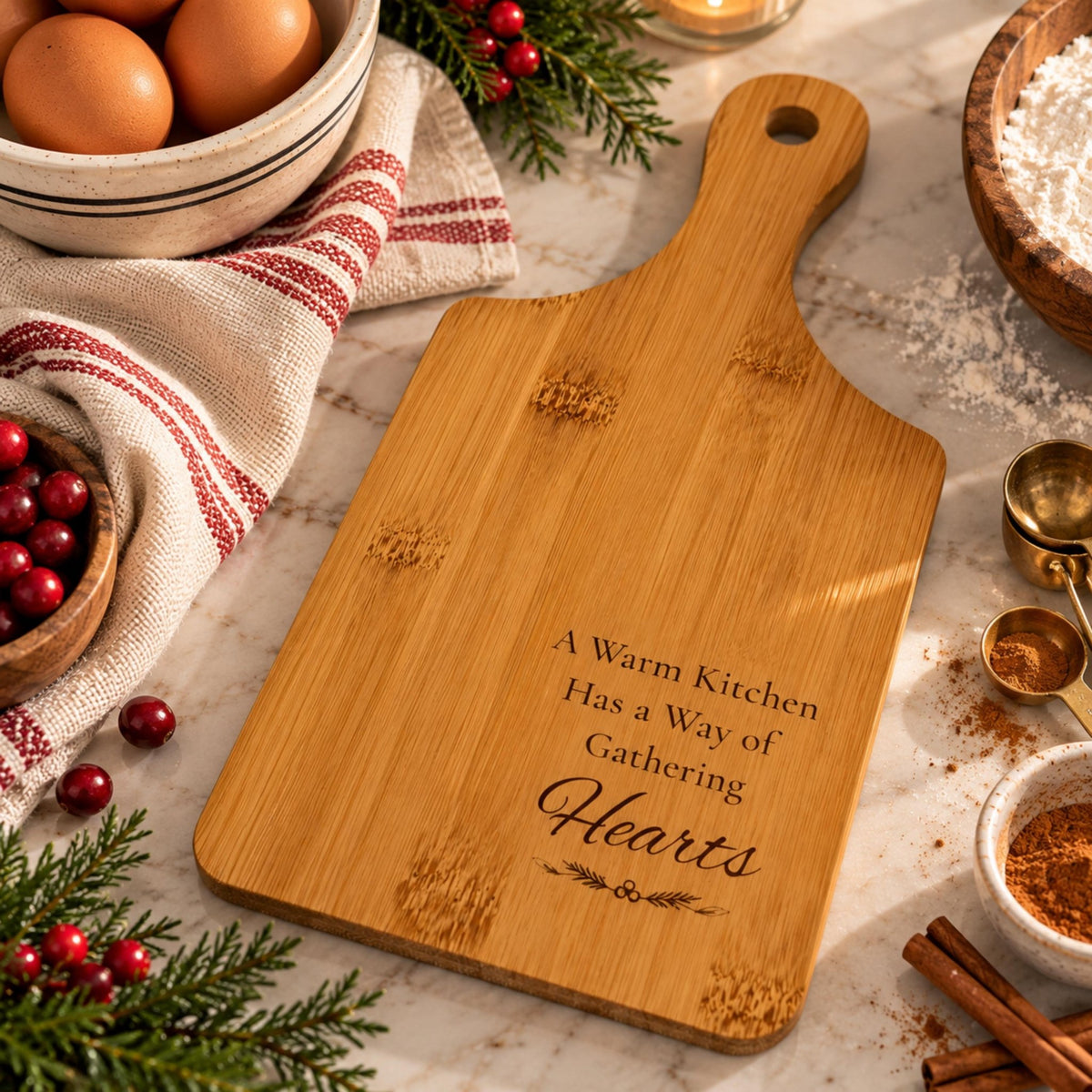 Engraved Bamboo Cutting Board with Handle, Cozy Kitchen Gift, Wooden Farmhouse Serving Tray - Winterberry Hearth