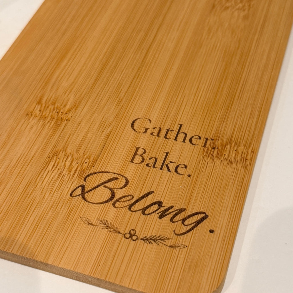 Engraved Bamboo Cutting Board with Handle, Gather Bake Belong, Kitchen Gift, Charcuterie Serving Tray - Winterberry Hearth