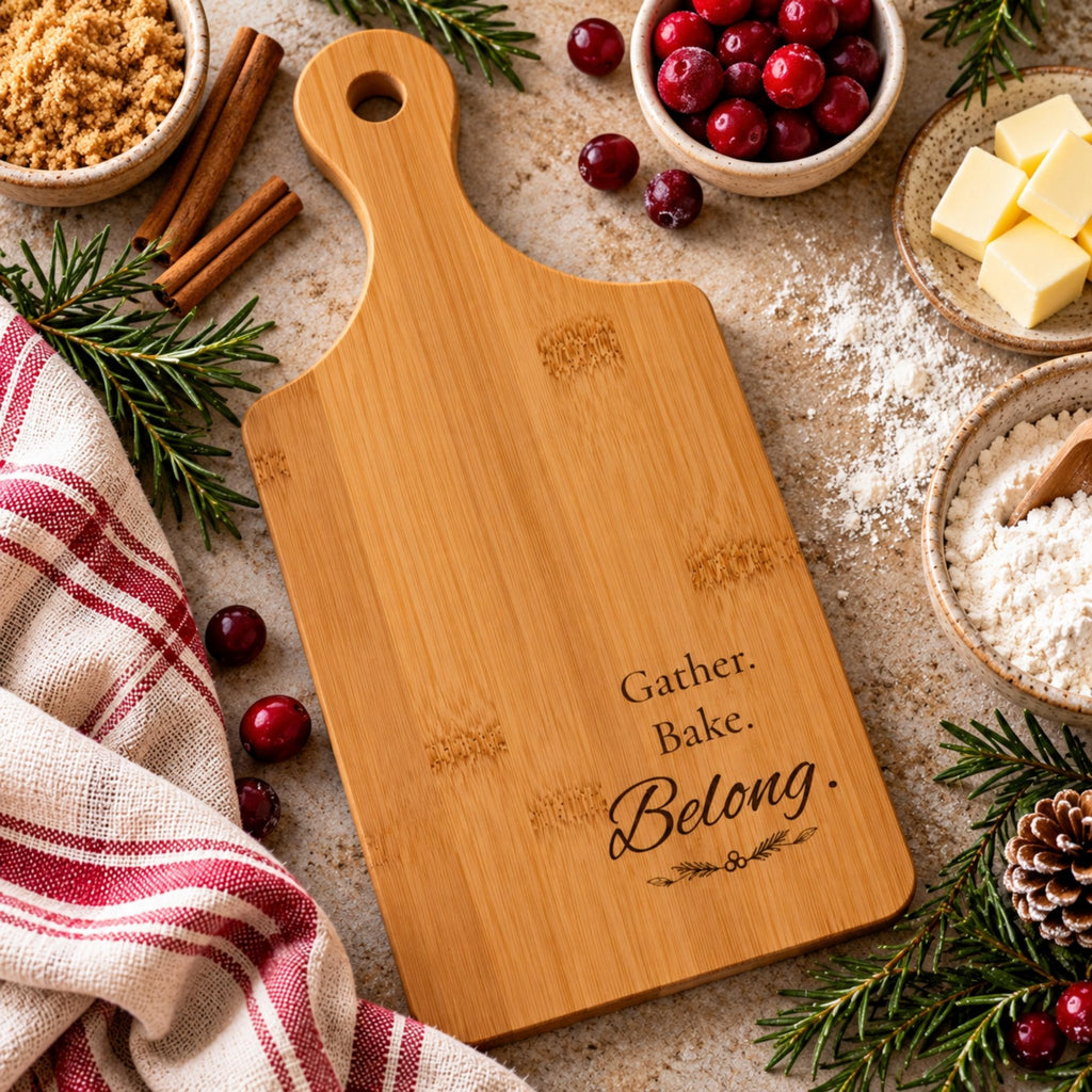 Engraved Bamboo Cutting Board with Handle, Gather Bake Belong, Kitchen Gift, Charcuterie Serving Tray - Winterberry Hearth