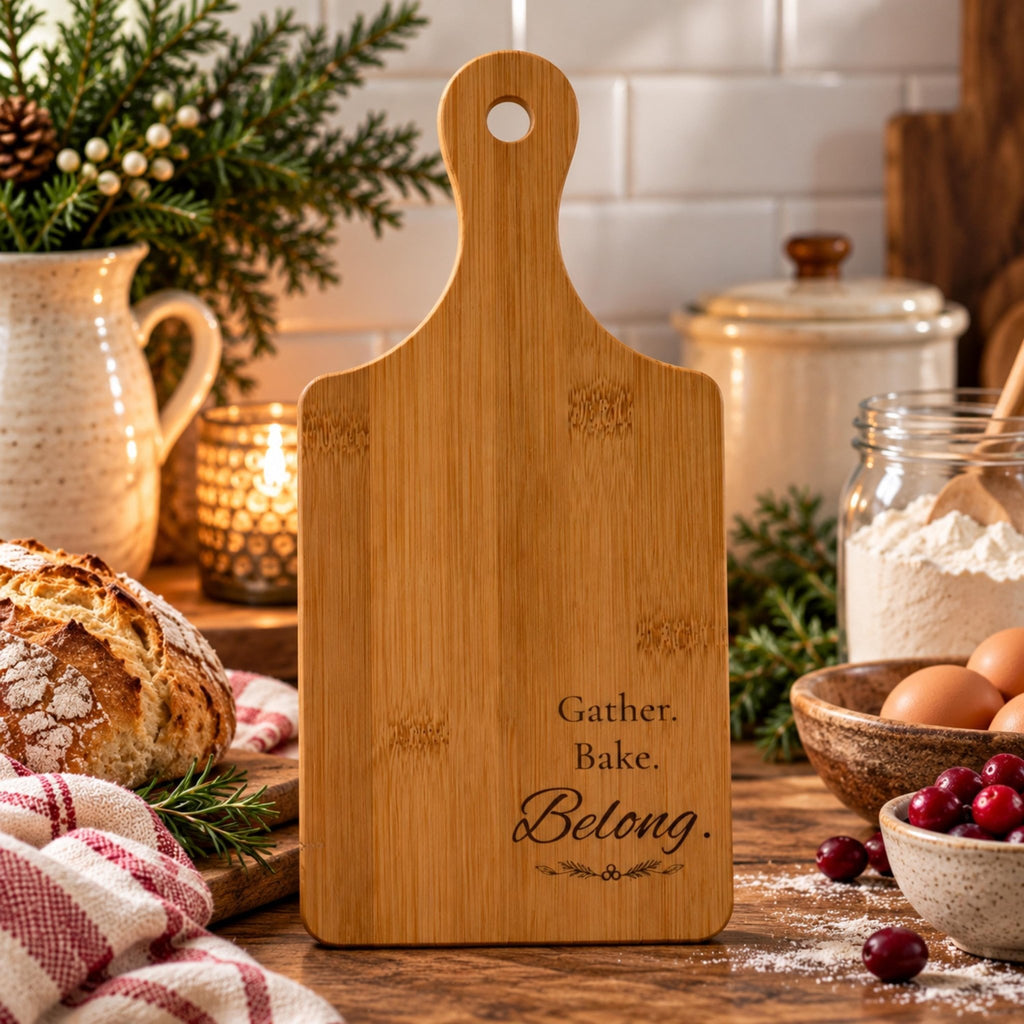 Engraved Bamboo Cutting Board with Handle, Gather Bake Belong, Kitchen Gift, Charcuterie Serving Tray - Winterberry Hearth