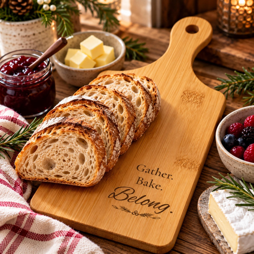 Engraved Bamboo Cutting Board with Handle, Gather Bake Belong, Kitchen Gift, Charcuterie Serving Tray - Winterberry Hearth