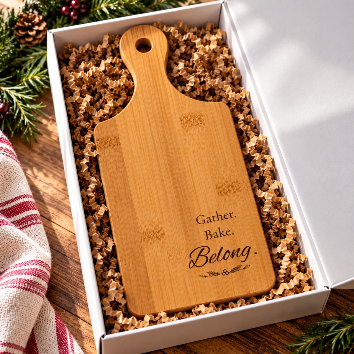 Engraved Bamboo Cutting Board with Handle, Gather Bake Belong, Kitchen Gift, Charcuterie Serving Tray - Winterberry Hearth