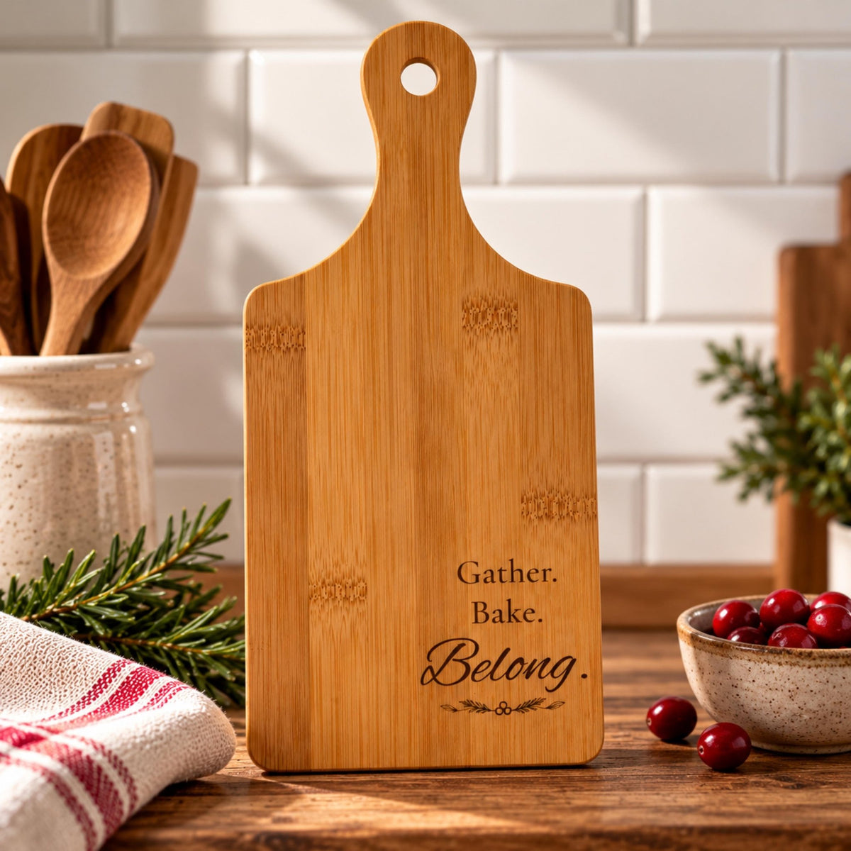 Engraved Bamboo Cutting Board with Handle, Gather Bake Belong, Kitchen Gift, Charcuterie Serving Tray - Winterberry Hearth