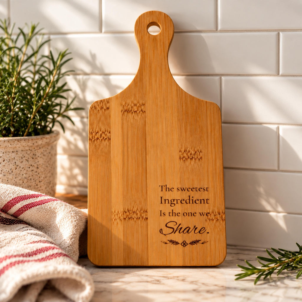 Engraved Bamboo Cutting Board with Handle, Sweet Baking Gift, Friendship Keepsake, Cheese Serving Tray - Winterberry Hearth