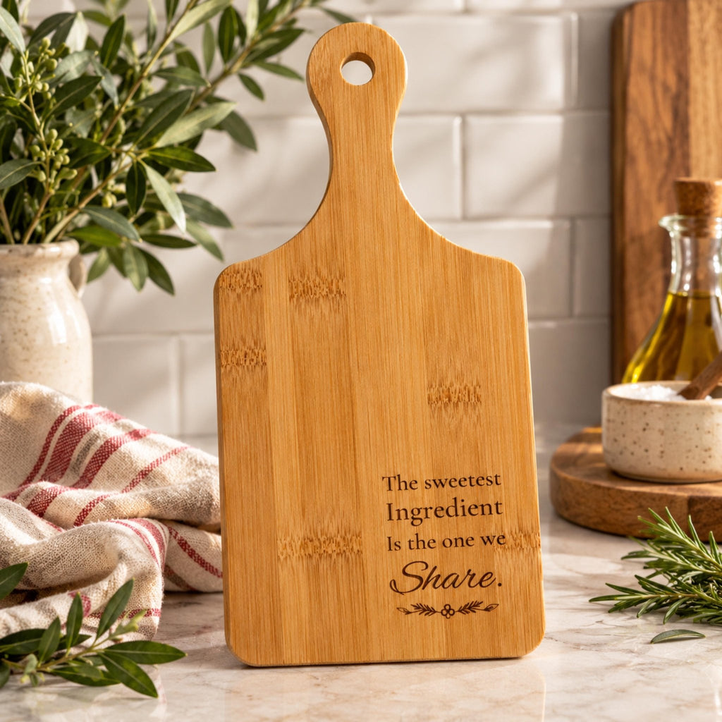 Engraved Bamboo Cutting Board with Handle, Sweet Baking Gift, Friendship Keepsake, Cheese Serving Tray - Winterberry Hearth