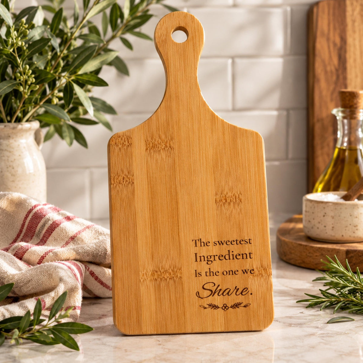 Engraved Bamboo Cutting Board with Handle, Sweet Baking Gift, Friendship Keepsake, Cheese Serving Tray - Winterberry Hearth