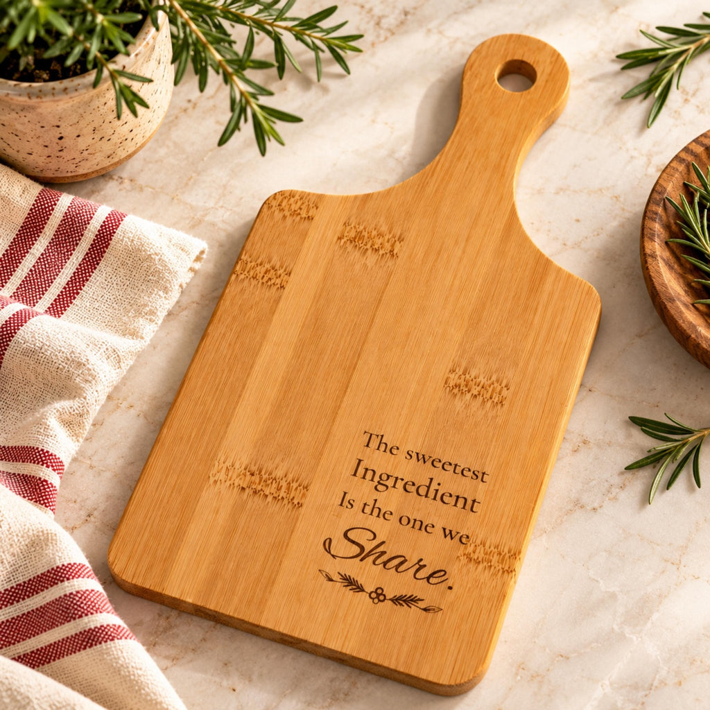 Engraved Bamboo Cutting Board with Handle, Sweet Baking Gift, Friendship Keepsake, Cheese Serving Tray - Winterberry Hearth
