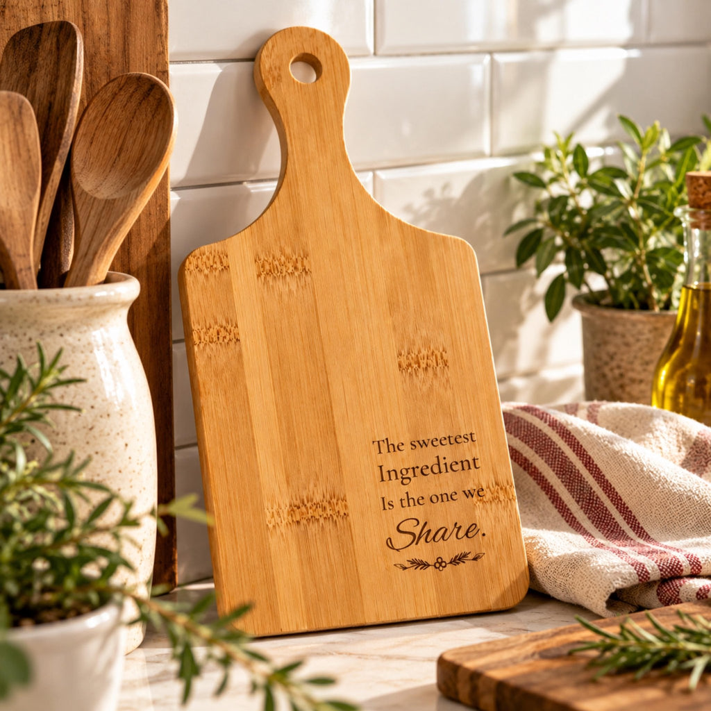 Engraved Bamboo Cutting Board with Handle, Sweet Baking Gift, Friendship Keepsake, Cheese Serving Tray - Winterberry Hearth