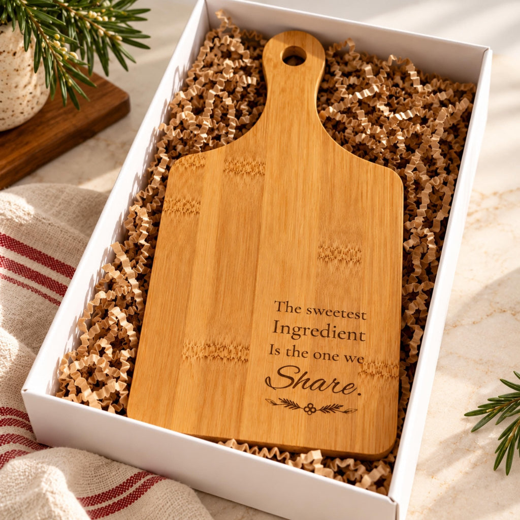 Engraved Bamboo Cutting Board with Handle, Sweet Baking Gift, Friendship Keepsake, Cheese Serving Tray - Winterberry Hearth